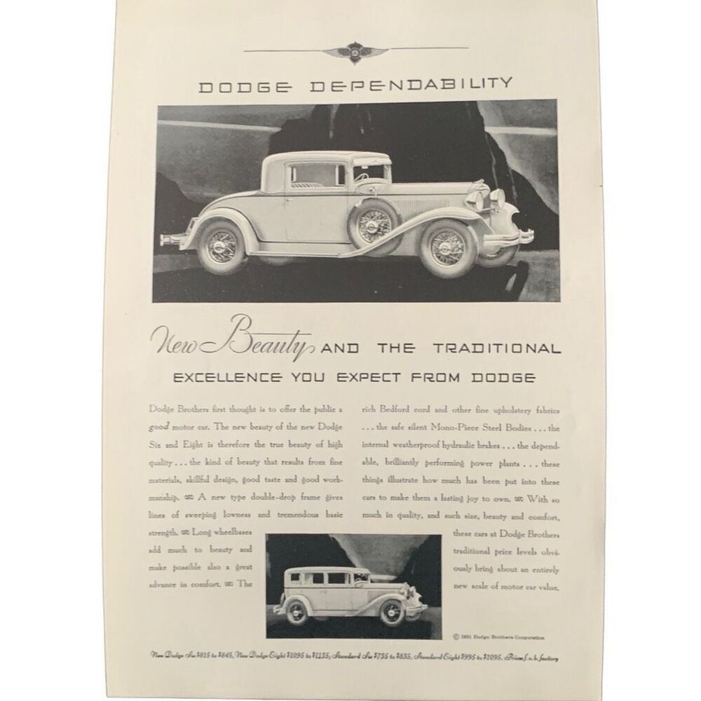 Vintage 1931 Dodge New Beauty Excellence Ad Advertisement